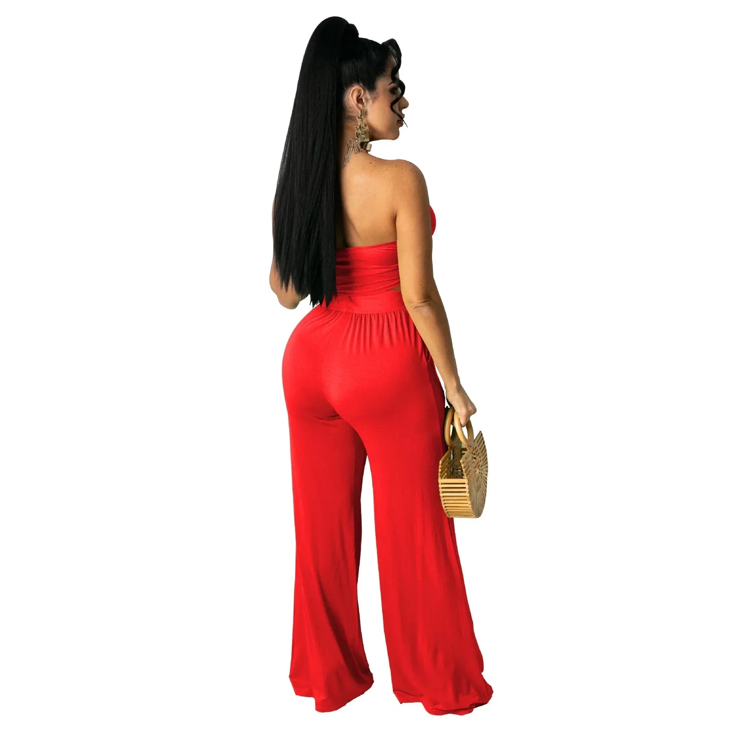 Strapless Hollow-Out  Hatler Neck Crop Top + Leggings Bodycon Solid Color Women's 2-Piece Set