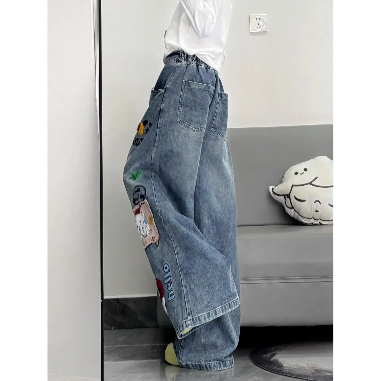 Cartoon Embroidered Hip-Hop Streetwear Women's Wide Leg Jeans