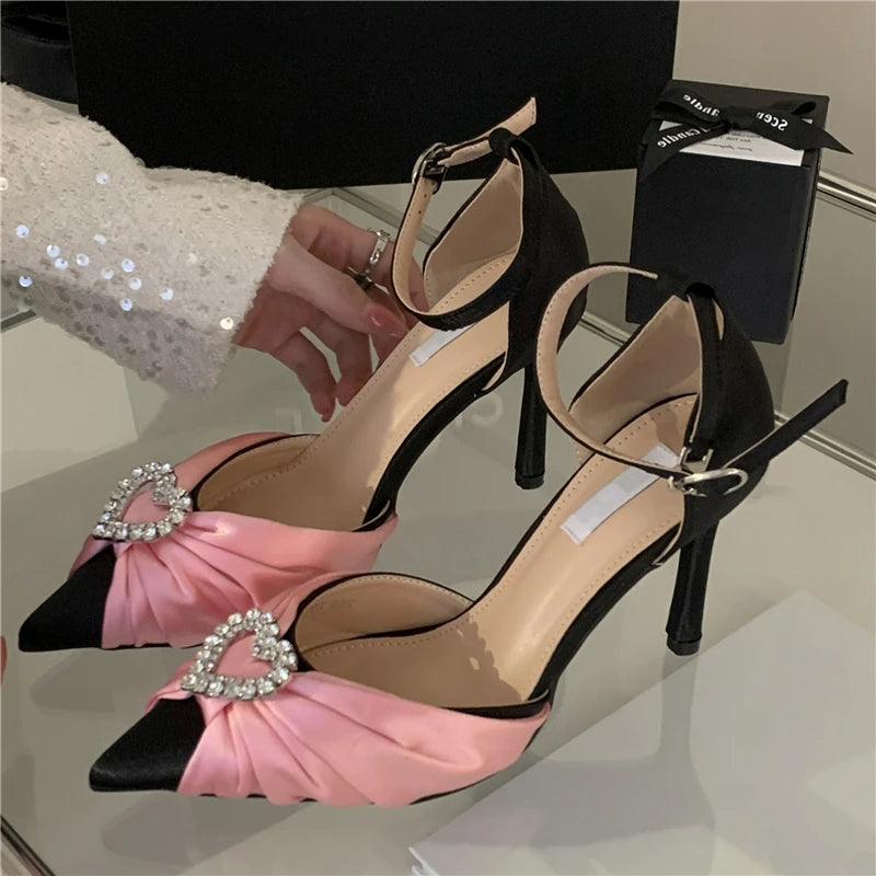 Satin Colorblock/Solid Rhinestone Crystal Heart Detail Stiletto Heel Women's Pointed Toe Buckle Strap Party Pumps