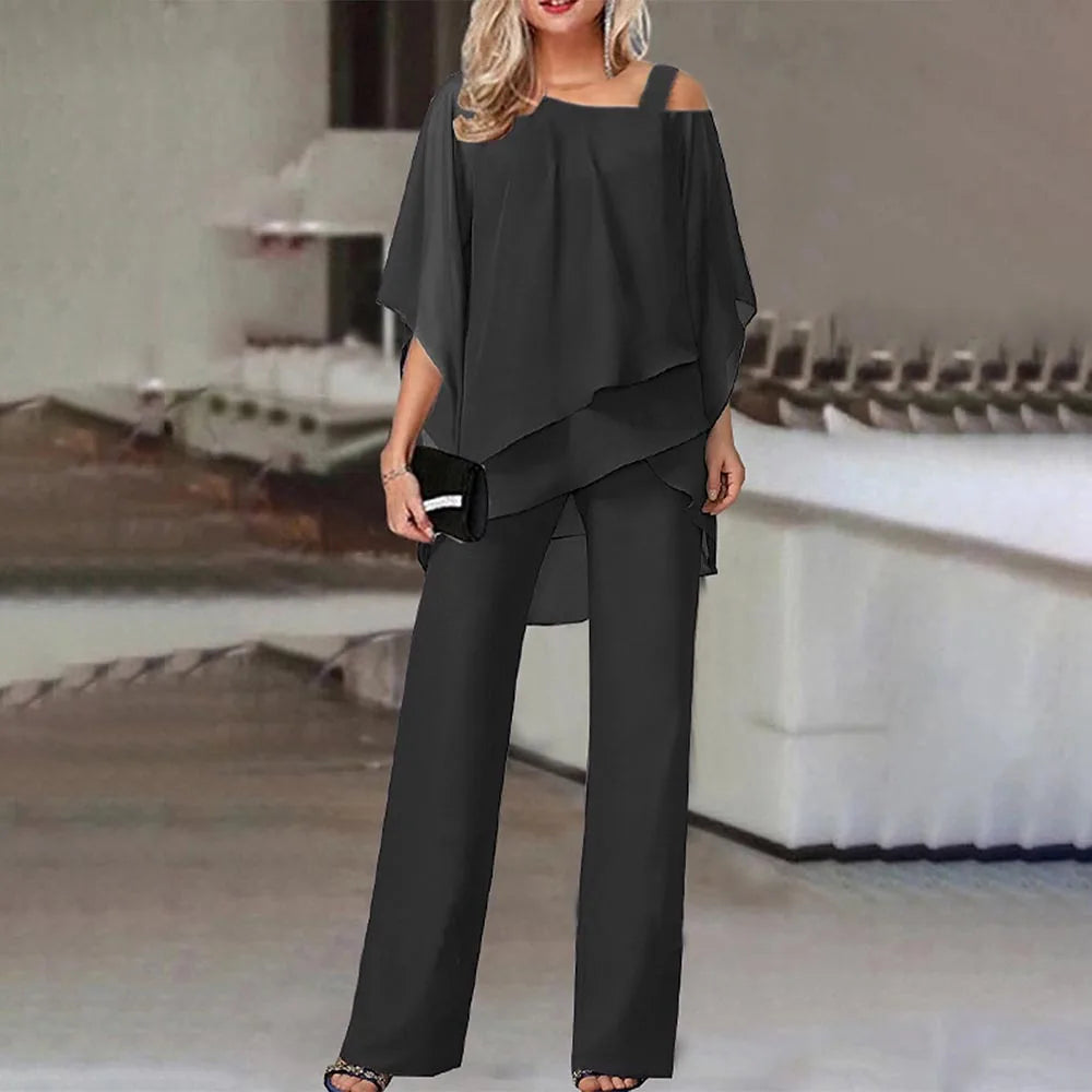 Chiffon Formal One Strap Women's Solid Cold Shoulder Loose Blouse + Pants 2-Piece Set