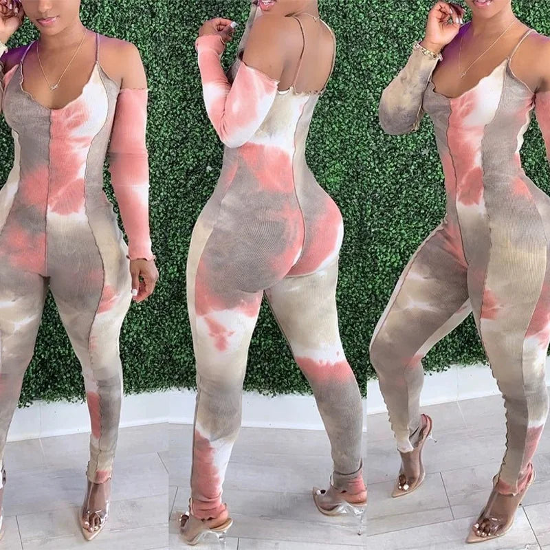 Tie-Dye Print Off-the-Shoulder Deep V-Neck Sexy Camisole Long Sleeve Bodycon Skin Tight Women's Jumpsuit
