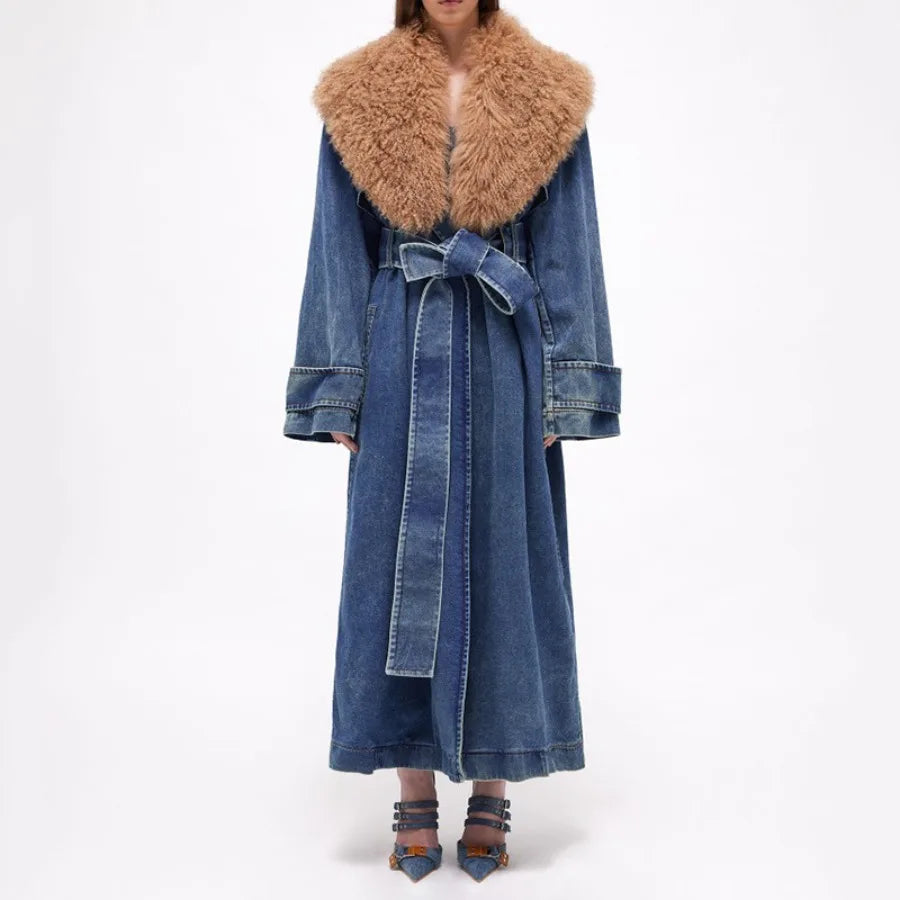 Women Denim Trench Coat Long Jacket Windbreaker Detachable Fur Collar Lace Up Outerwear Washed High Street Autumn Winter 2025