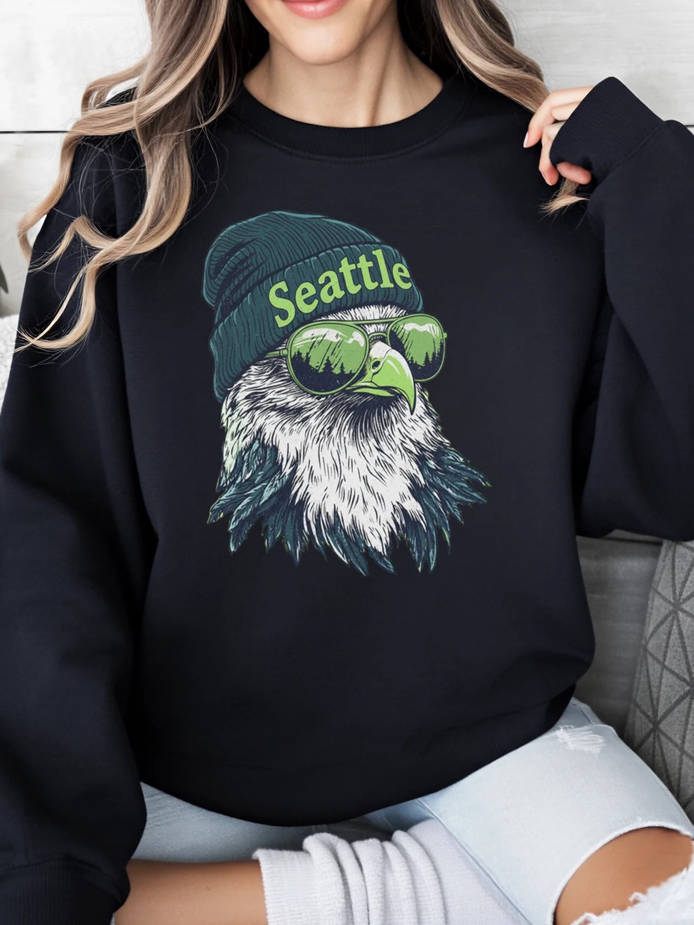 Seattle Seahawks Eagle w/ Beanie Hat & Sunglasses Print Women's Long Sleeve O-Neck Sweatshirt
