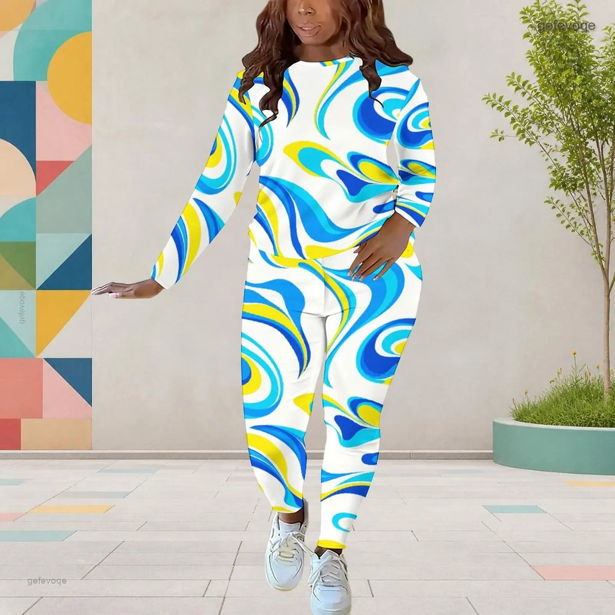 Wavy Swirl  Geometric Striped Abstract Printed O-Neck Long Sleeve Women's Top + Harem Pants 2-Piece Pants Set