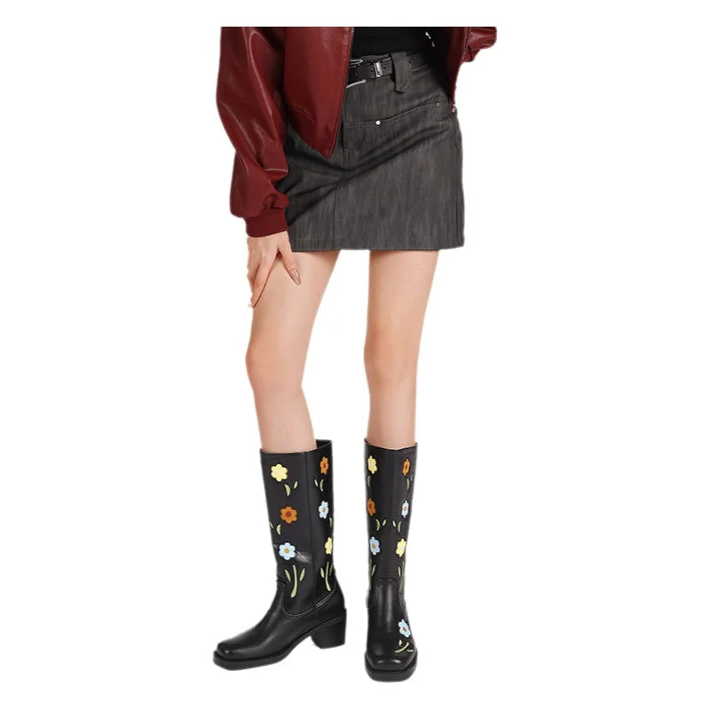 Western Flower Embroidered Women's Slip-On Rubber Midi Outsole Round Toe Boots