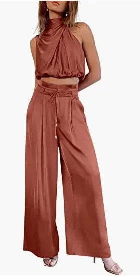 Sleeveless Turtleneck Ruched Crop Top + Bell Bottom Wide Leg Women's Pants 2-Piece Set