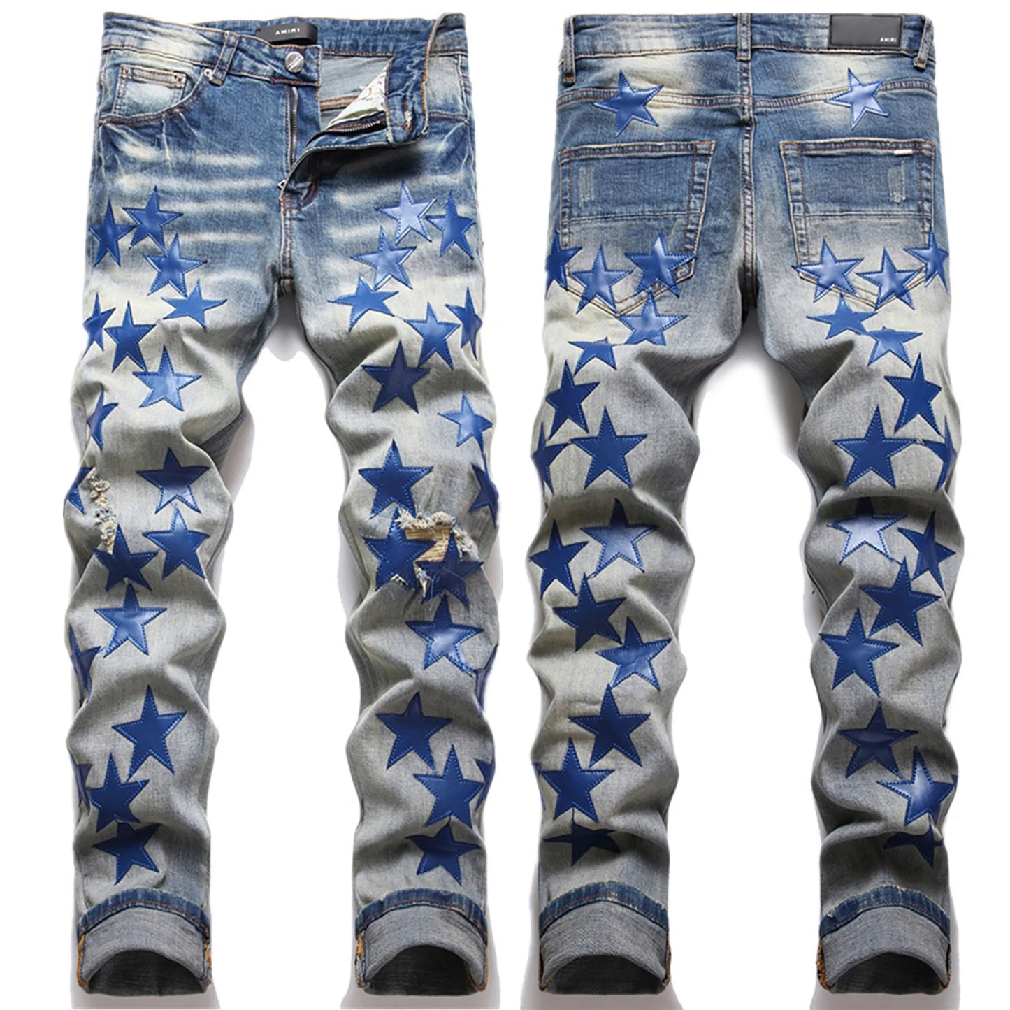 Men’s 3D Big Star Design Light Blue Washed Ripped Denim Punk Ruched Skinny Jeans