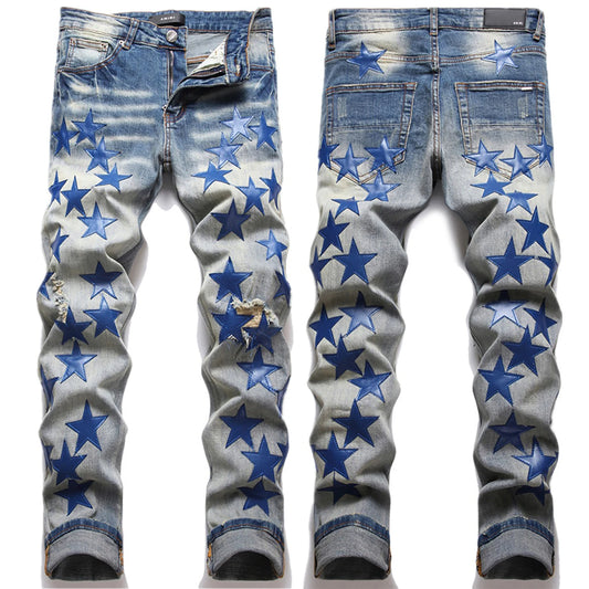 Men’s 3D Big Star Design Light Blue Washed Ripped Denim Punk Ruched Skinny Jeans