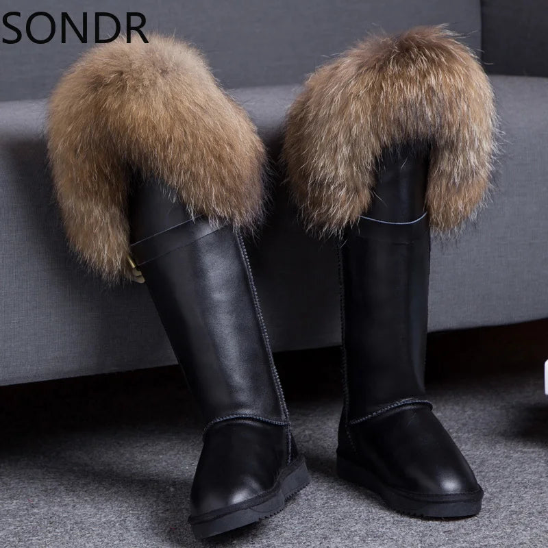 Faux Fur Trim Genuine Leather Solid Knee-High Flat Women's Snowboots