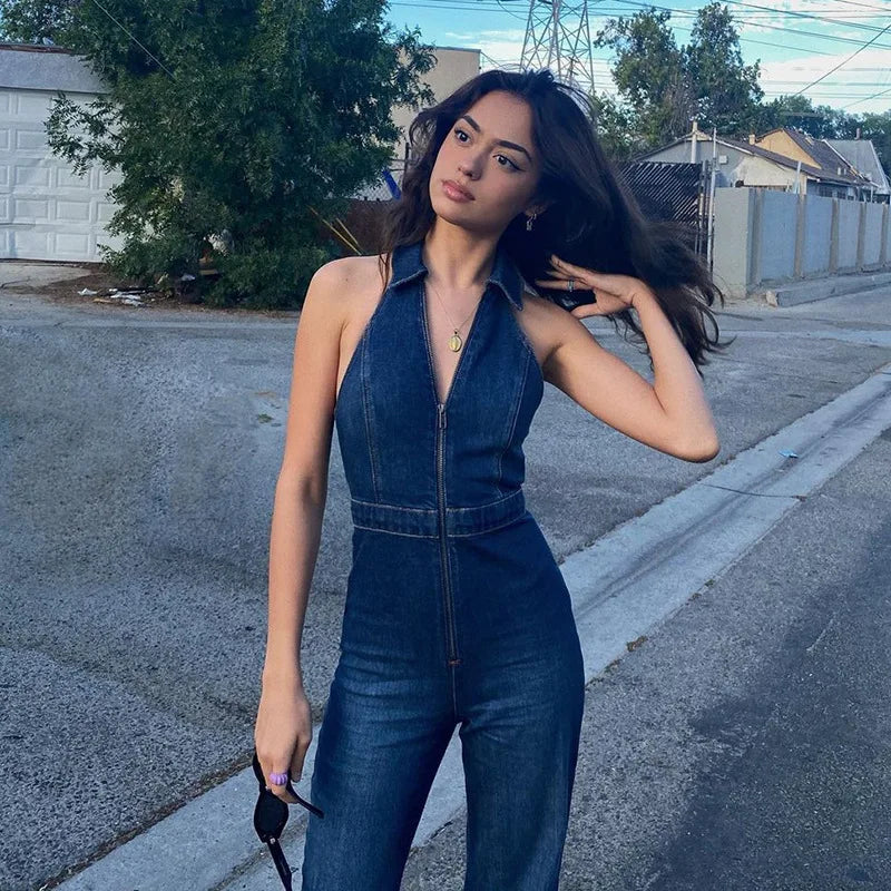 Denim V-Neck Sleeveless Zipper Front Turn-Down Collar Flared Leg Jean Jumpsuit