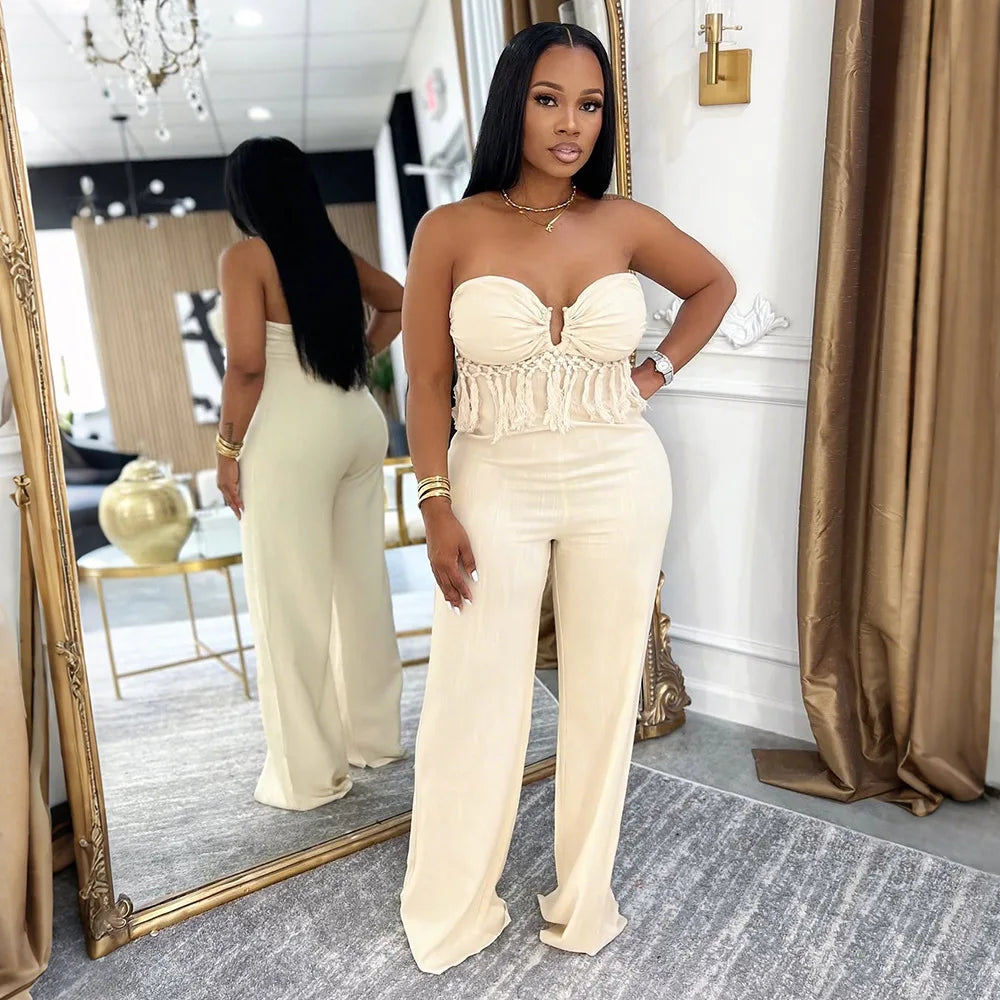 Tassel Fringe Design Strapless Sleeveless Tube Top Solid Color Women's Jumpsuit
