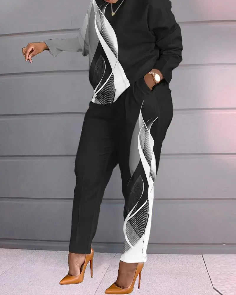 Geometric/Striped/Colorblock/Leopard Long Sleeve Women's Top + Matching Pants 2-Piece Set
