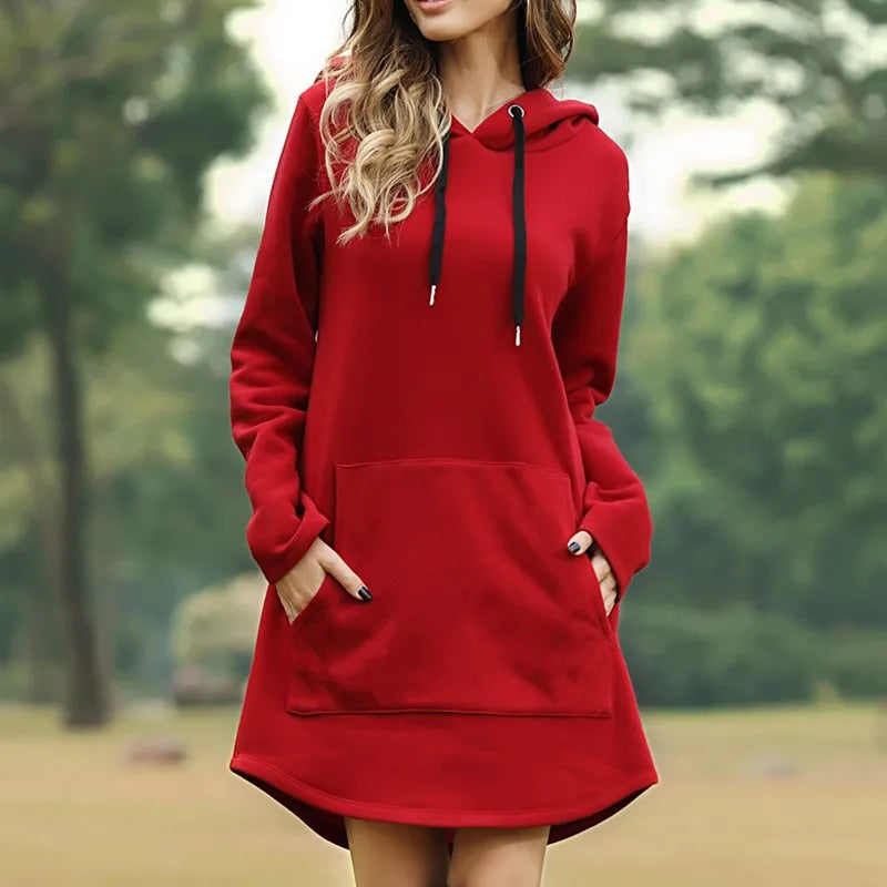 Oversized Pullover Drawstring Solid Color Knee-Length Hoodie Sweatshirt Dress to 3X Plus Size