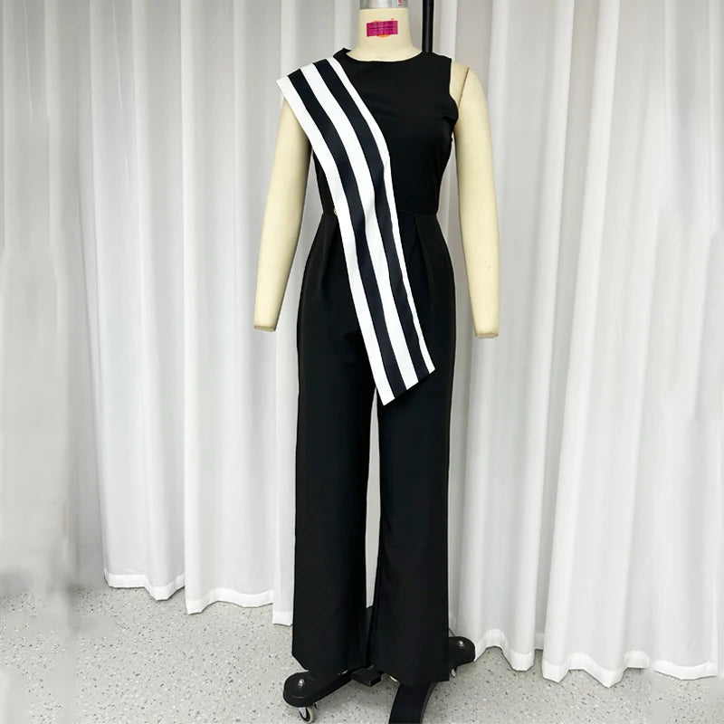 Asymmetrical Striped Sash Round Neck Sleeveless Nipped Waist Jumpsuit