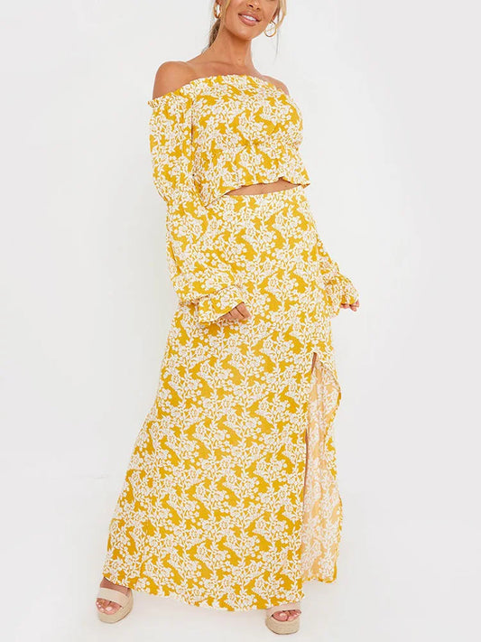 Yellow Ruched Floral Print Long Sleeve Off-the-Shoulder Cropped Blouse + High Slit Maxi Skirt 2-Piece Set