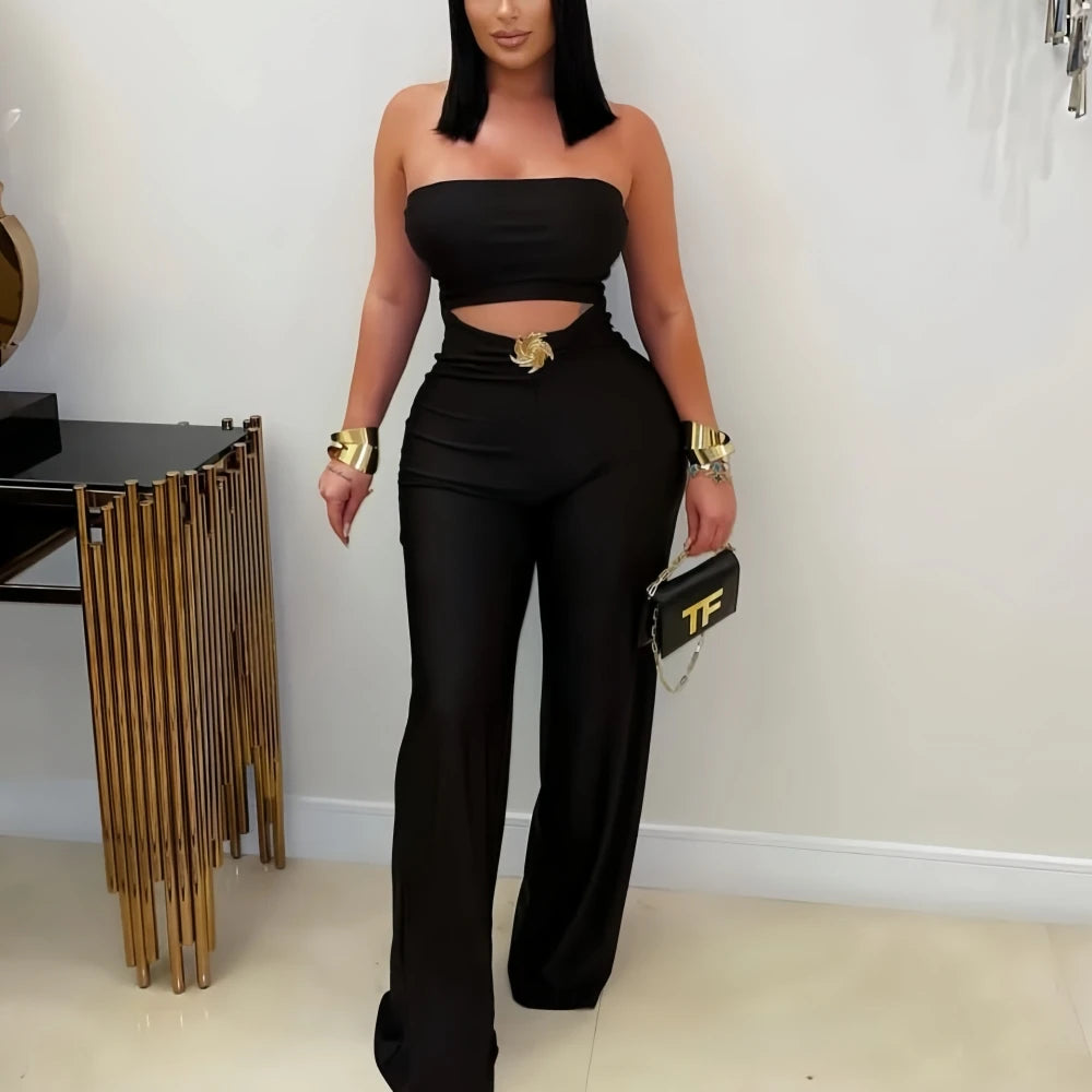 Sleeveless Sexy Ring Pendant Hollow-Out Design Bodycon Women's Sleeveless Backless Jumpsuit