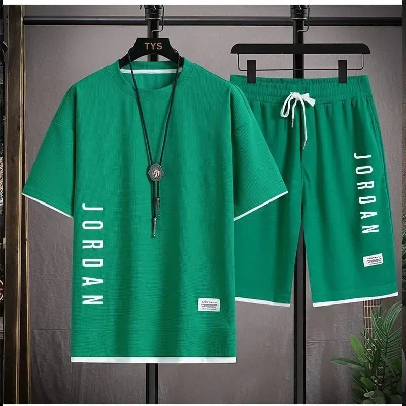Men's Fitness "Jordan" O-Neck Short Sleeve T-Shirt + Drawstring Basketball Shorts 2-Piece Set