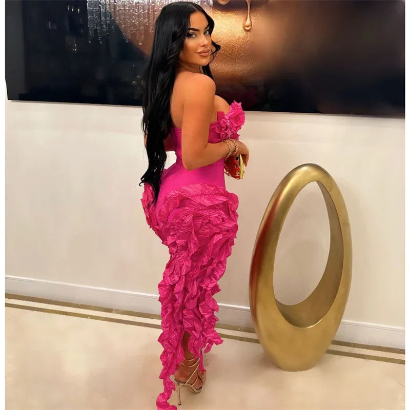 Sleeveless Floral Ruffled Tube Top Hanging Tassel Design Irregular Dress