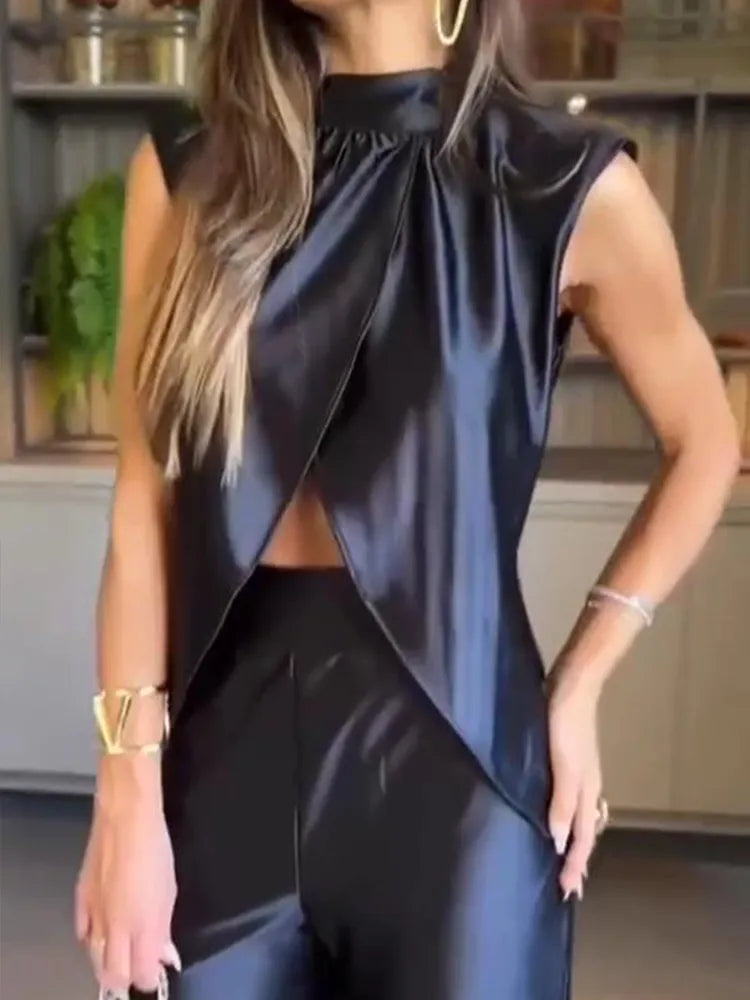 Satin Sleeveless Tank Split Hem Top + Wide Leg Pants 2-Piece Sets