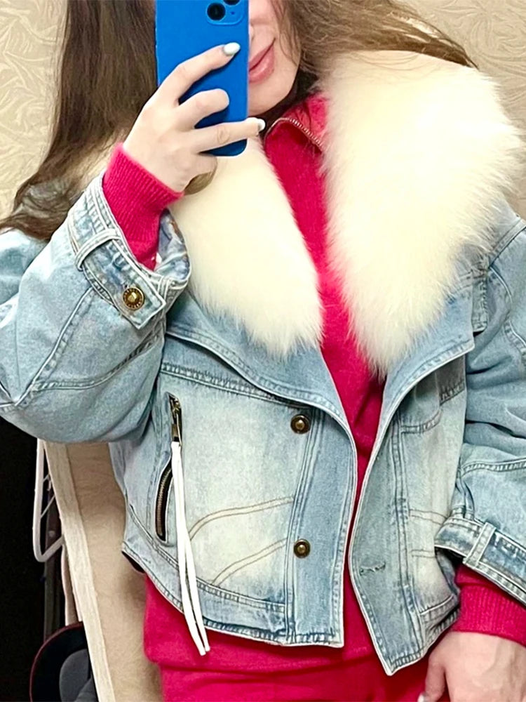 Denim Oversized 100% Real Fox Fur Collar Short Women's Goose Down Puffer Jean Jacket