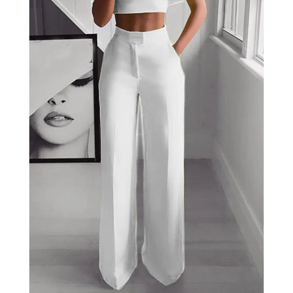 Off-the-Shoulder Solid Color Short Sleeve Crop Top & High Waist Pants 2-Piece Set