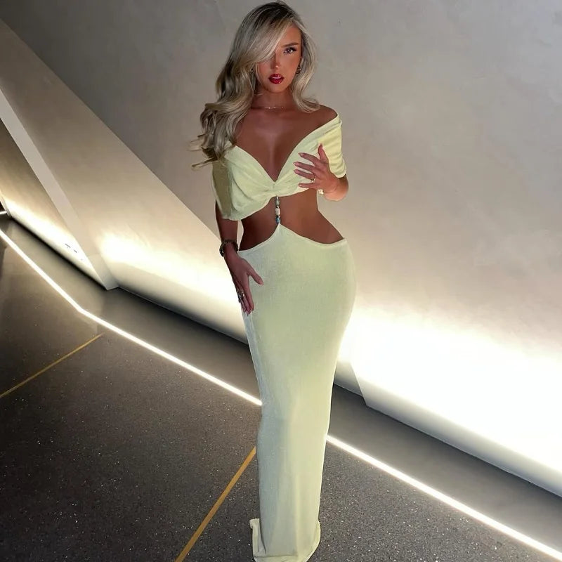 Off-the-Shoulder Solid Color V-Neck Pleated Cut-Out Skinny High Waist Maxi Party Dress