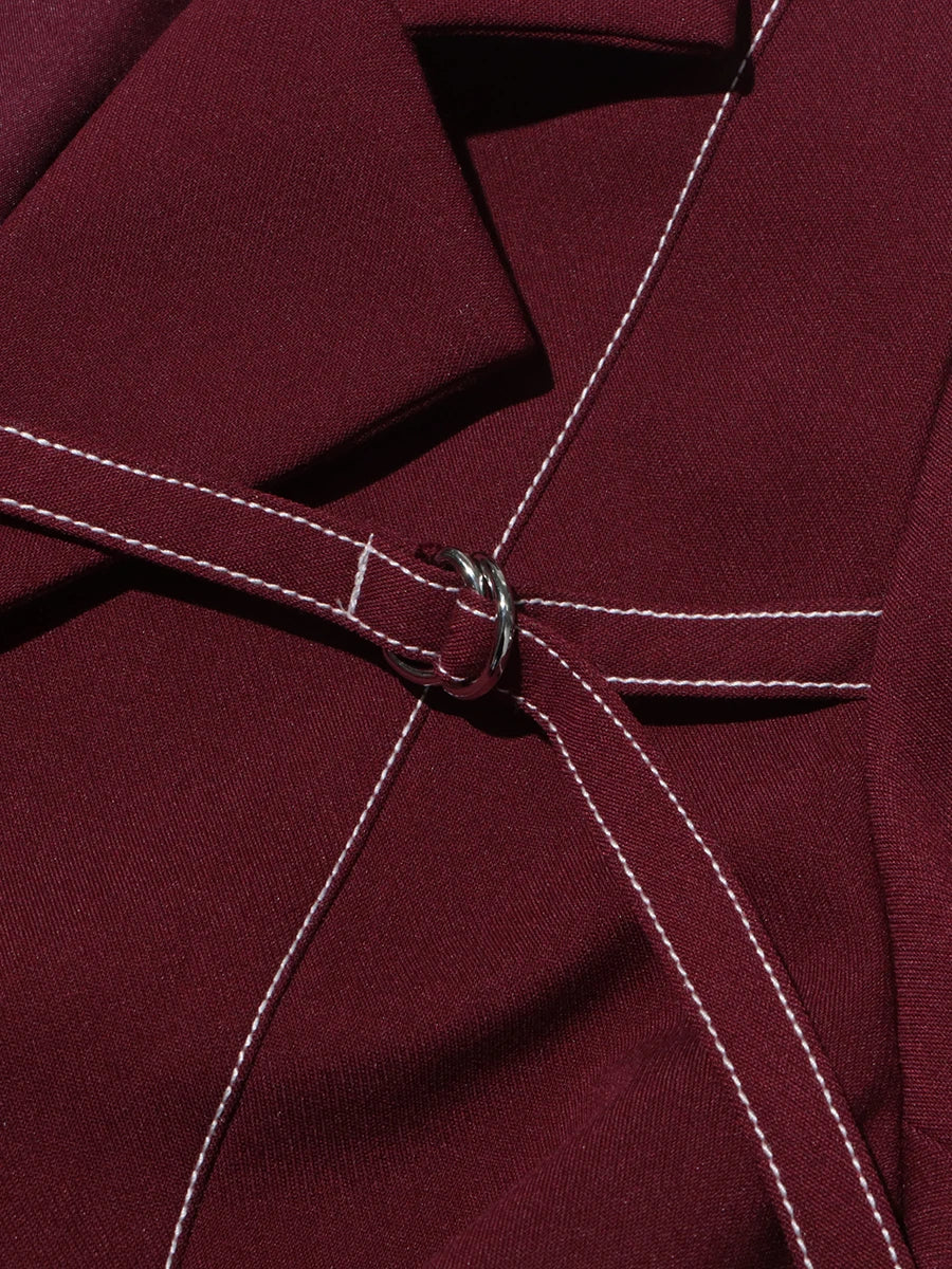 Burgundy Irregular Notched Collar Double Strap Design Blazer Jacket + High Waist Straight Pants Women's Formal Suit