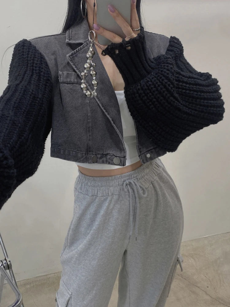 Patchwork Knitted Colorblock Long Sleeve Denim Ladies Sweater Jean Jacket