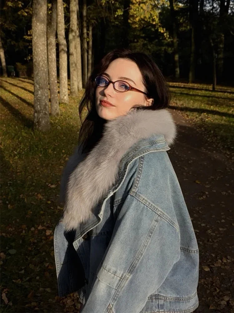 Denim Oversized 100% Real Fox Fur Collar Short Women's Goose Down Puffer Jean Jacket