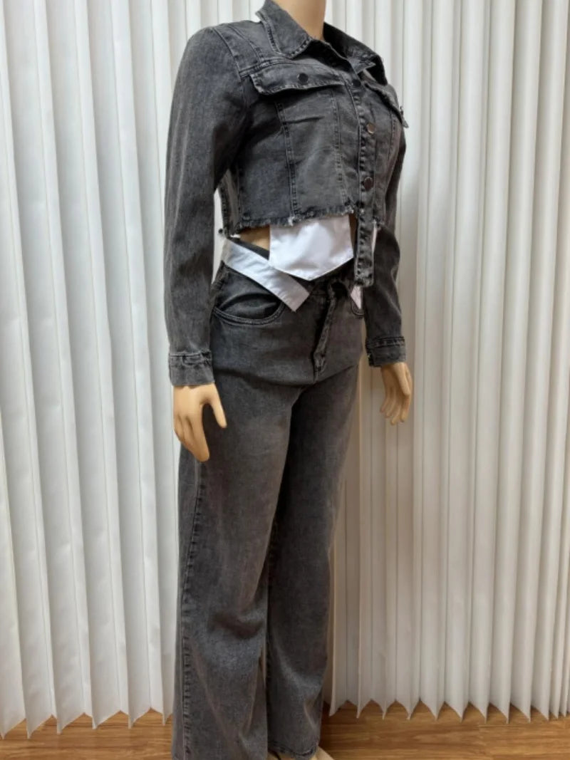 Washed Denim Long Sleeve Cropped Jean Jacket + Straight Jeans  Set