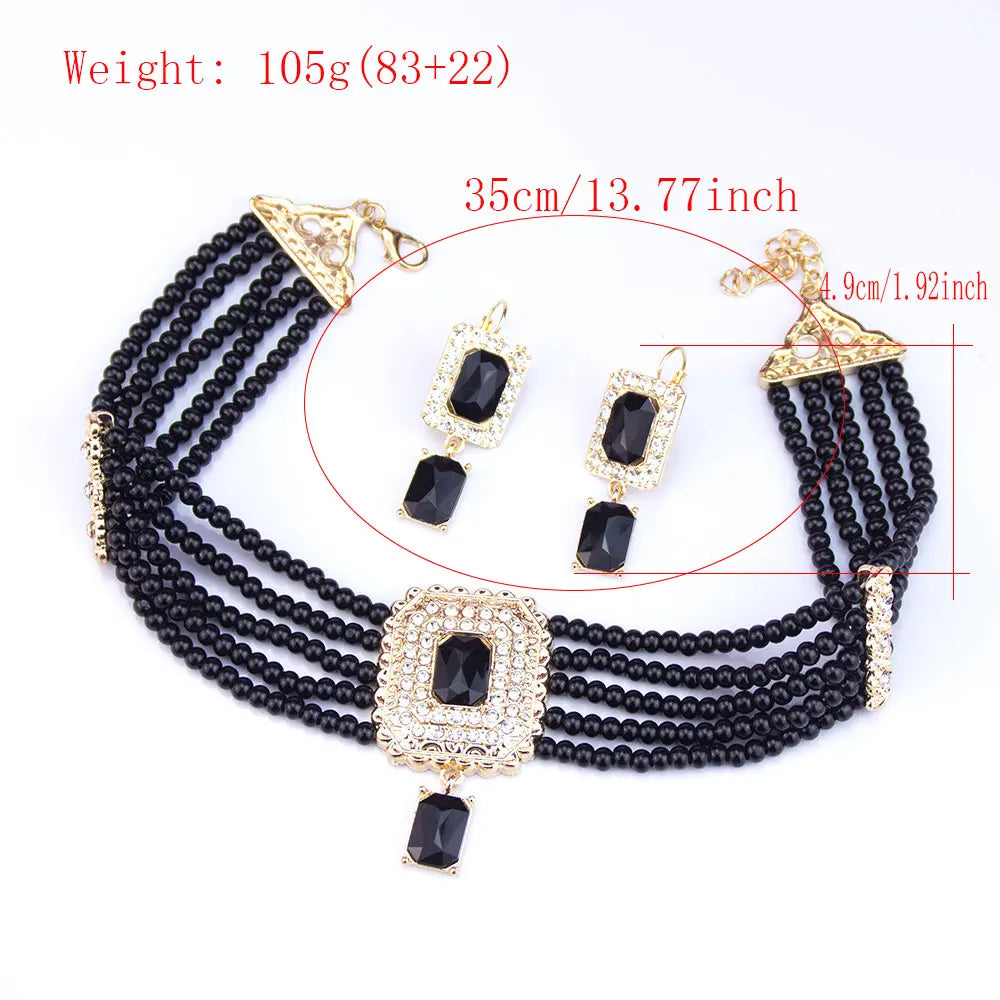 Moroccon Hand Bead Pearl Square Choker Necklace + Drop Square Crystal Rhinestone Earrings 2-Piece Set