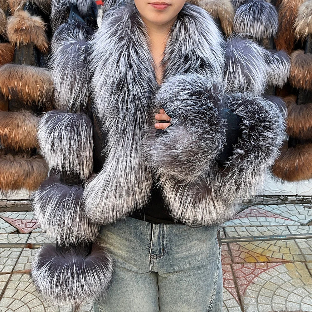 Real Raccoon Fur Hip-Hop Colorblock Design Paneled Women's Streetwear Jacket