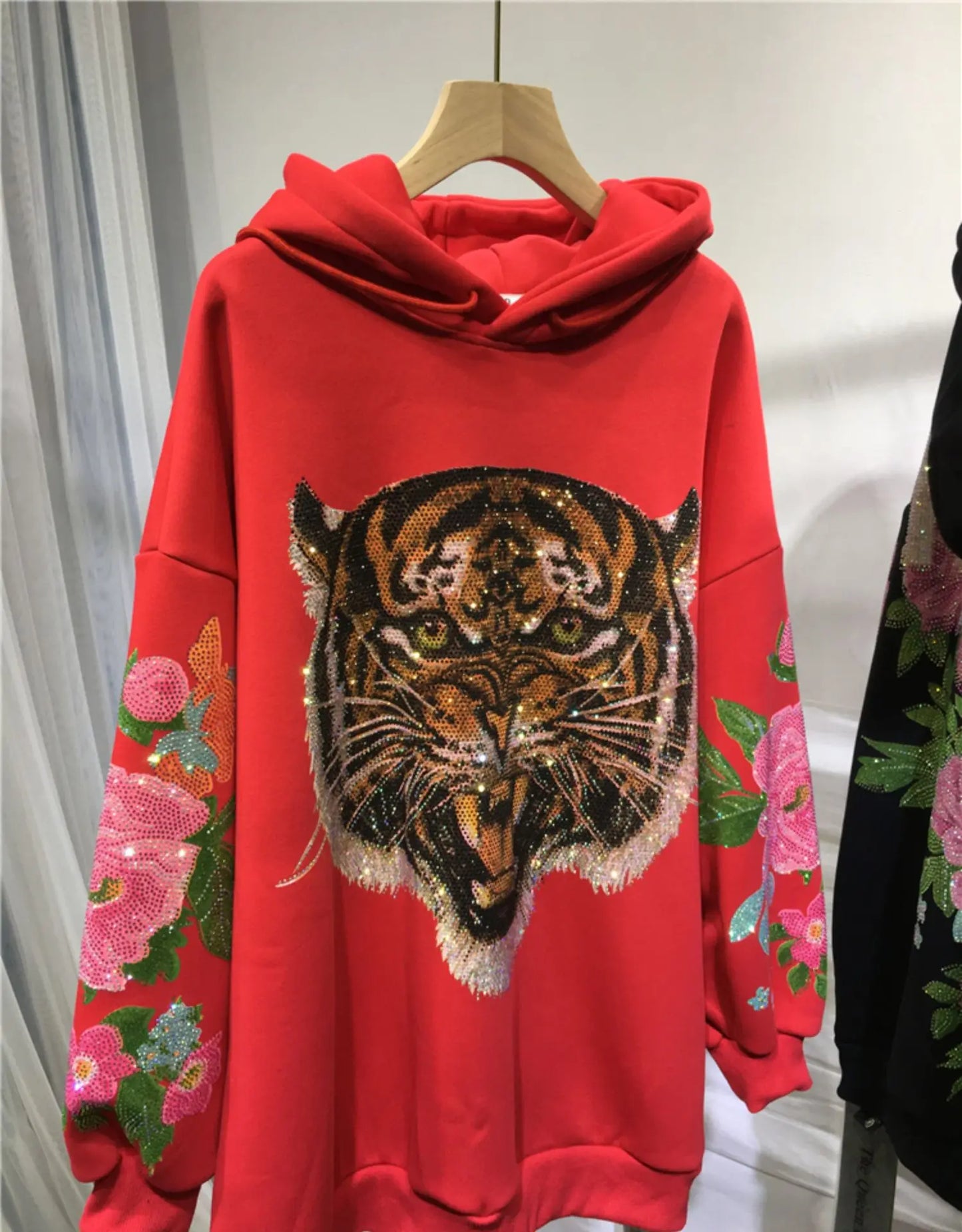 Sparkling 3D Rhinestone Fleece Padded Women's Leopard Tiger Hoodie Sweatshirt