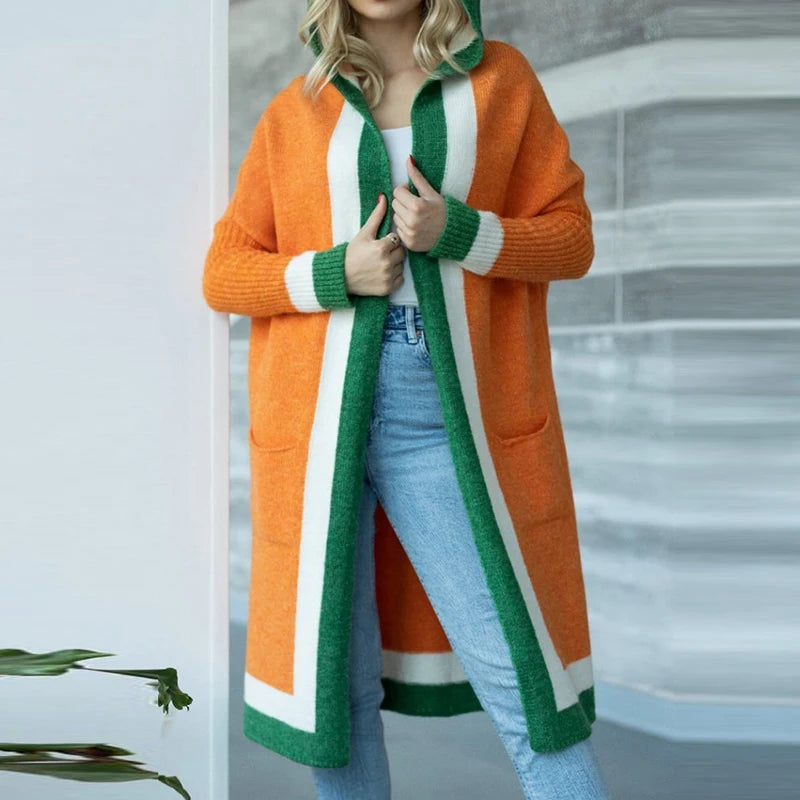 Colorblock Striped Hem Design Knitted Pocketed Open Stitch Women's Long Sleeve Maxi Hoodie Sweater