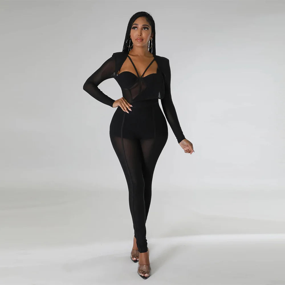 Sheer Transparent Corset Design Long Sleeve V-Neck Solid Color High Waist Jumpsuit