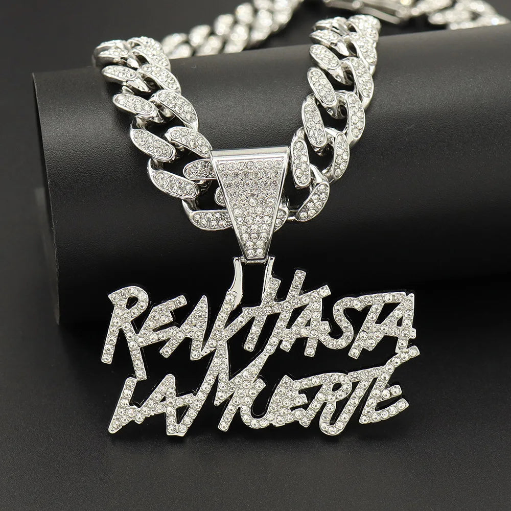 "Real Hasta la Muerte" OR $ Sign Rhinestone Pendant Hip-Hop Letter 13MM Cuban Chain Necklace
