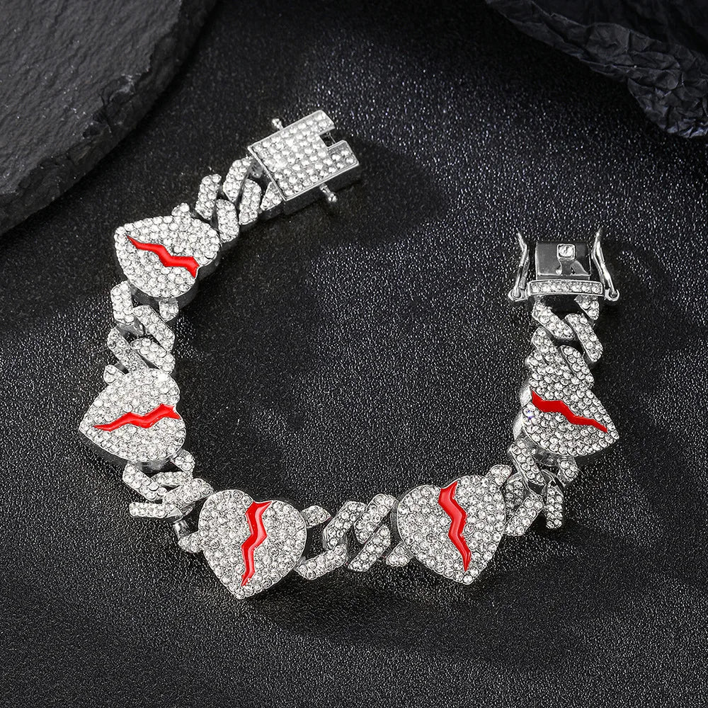 Hip Hop Broken Love Heart Rhombus Cuban Chain Iced Out Alloy Inlaid Rhinestone Bracelet