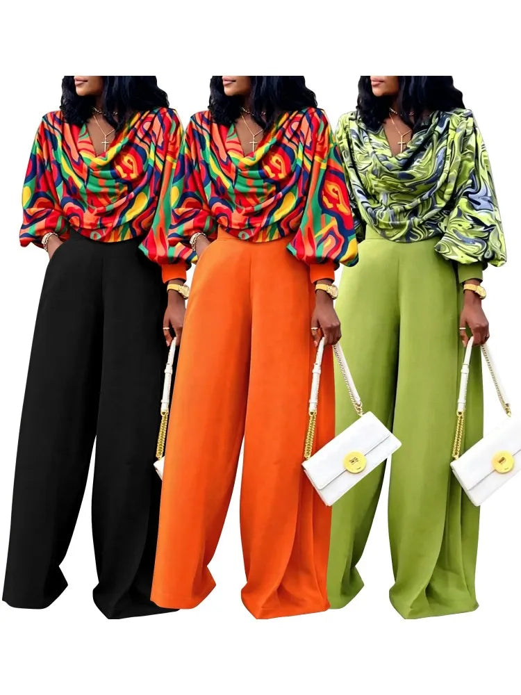 Geometric Print Women's Long Sleeve Top + Solid Color Pants Set to 5X Plus Size