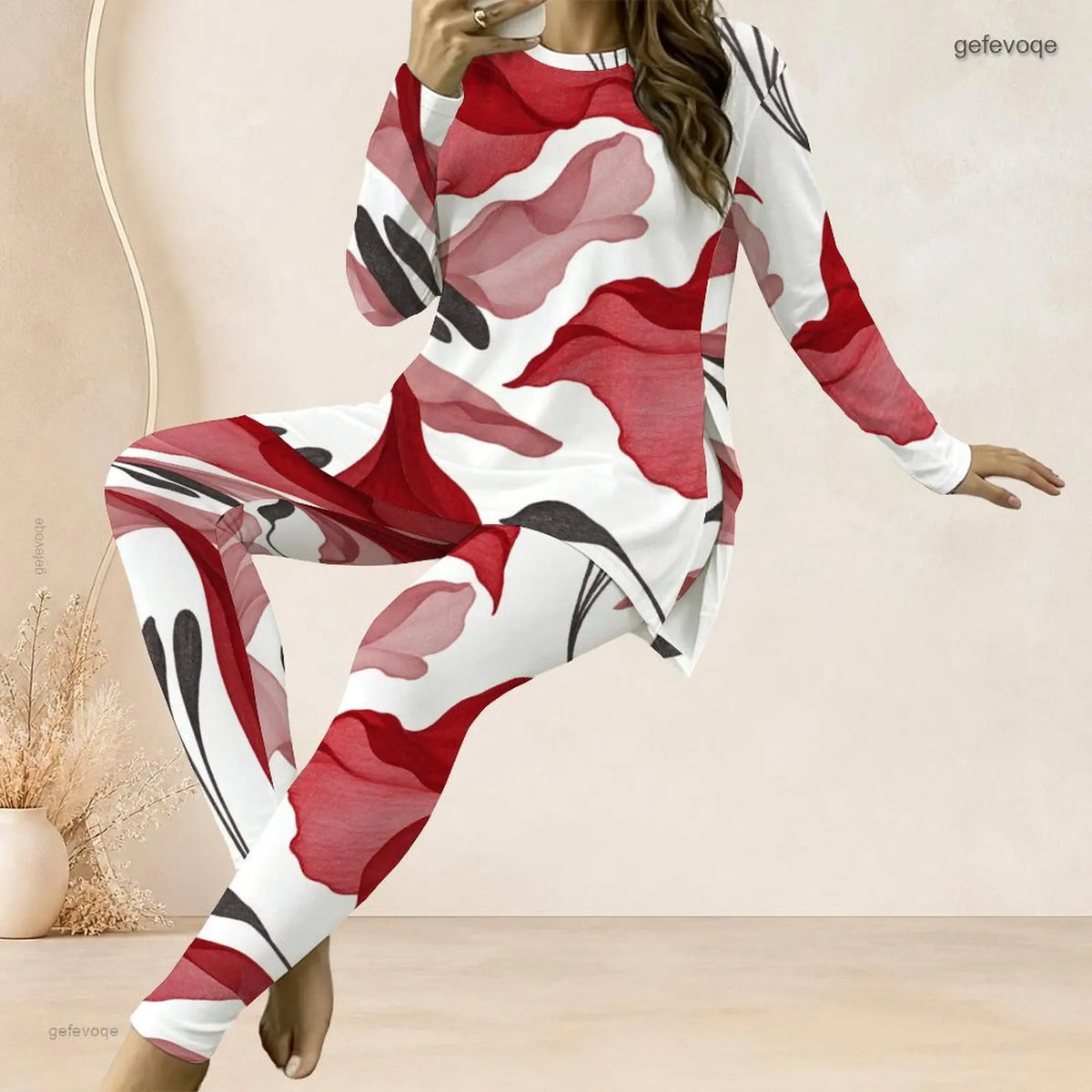 Tie-Dye/Floral/Geometric Striped Stripe Print O-Neck Long Sleeve Women's Longline Top + Fitted Long Pants 2-Piece Set