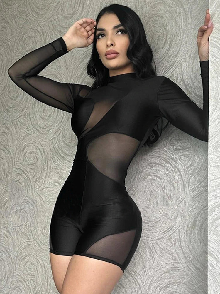 Black Sheer Mesh Patchwork Long Sleeve Round Neck Skin Tight Shorts Romper