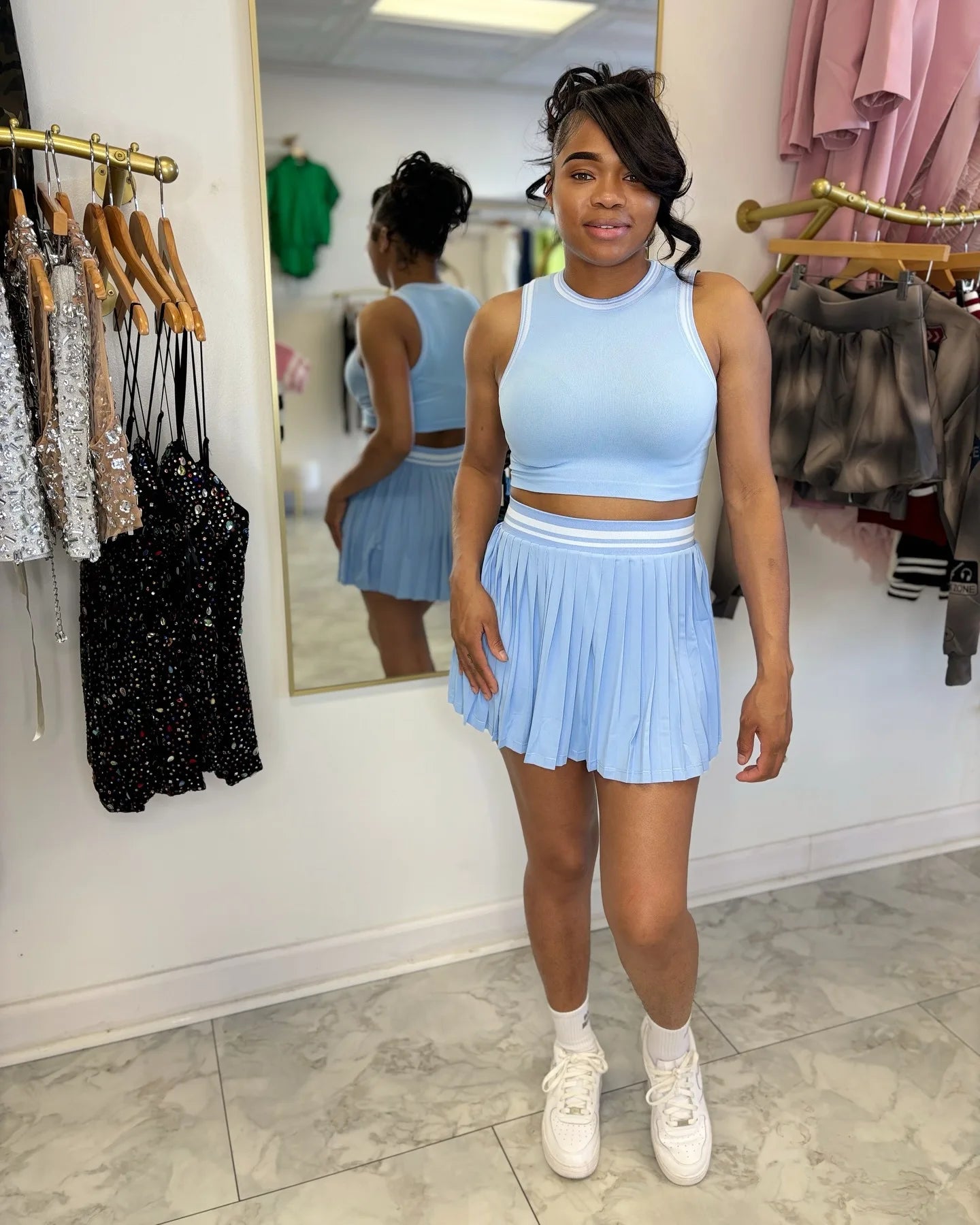 Sleeveless Solid Color O-Neck Crop Tank Top + Pleated Mini Tennis Skirt Women's Fitness 2-Piece Set