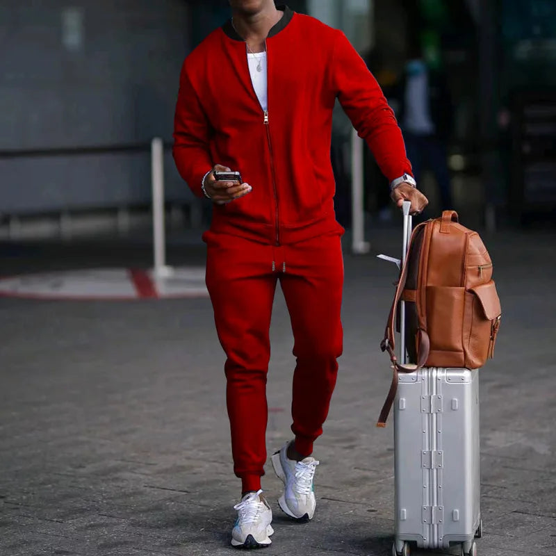 Men's O-Neck Colorblock Bomber Sweat Jacket + Drawstring Jogger Sweatpants Tracksuit