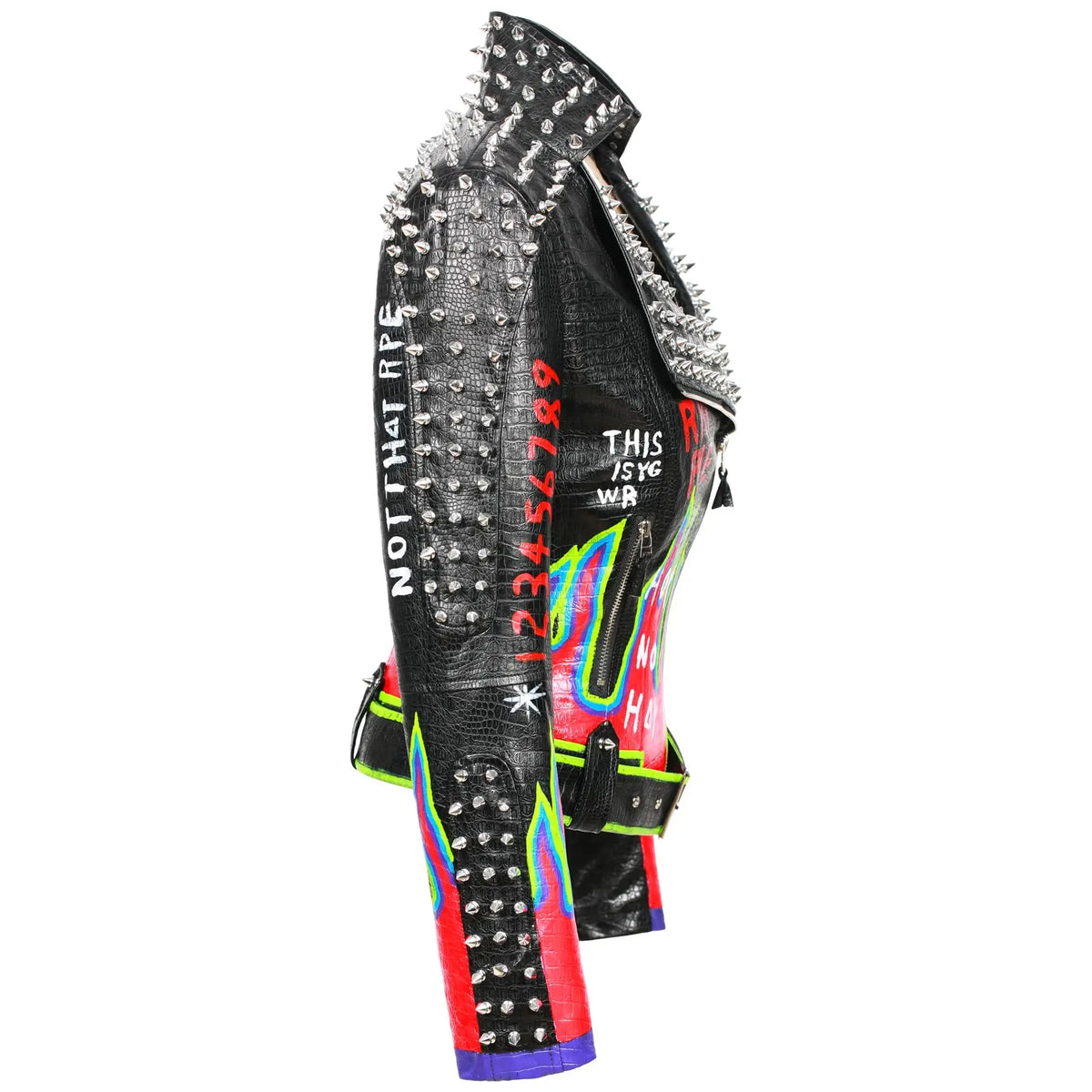 Rivet Spiked Stud Fire Flame Design Women's PU Leather Punk Biker Jacket