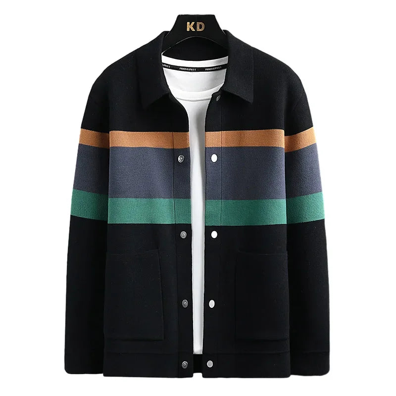 English Striped Men's Colorblock Knitted Cardigan Button Front Turn-Down Collar Sweater Jacket to 5X Big & Tall