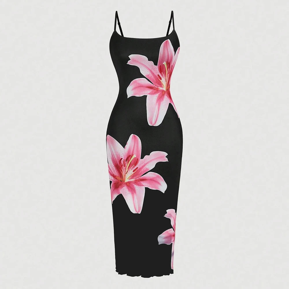 Black/Pink Sleeveless Flower Print Square Neck Spaghetti Strap Maxi Dress