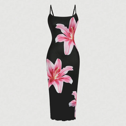 Black/Pink Sleeveless Flower Print Square Neck Spaghetti Strap Maxi Dress