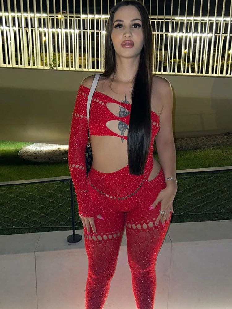 Sparkling Rhinestone Cuff Hollow-Out High Elastic Luminous Solid Color Jumpsuit