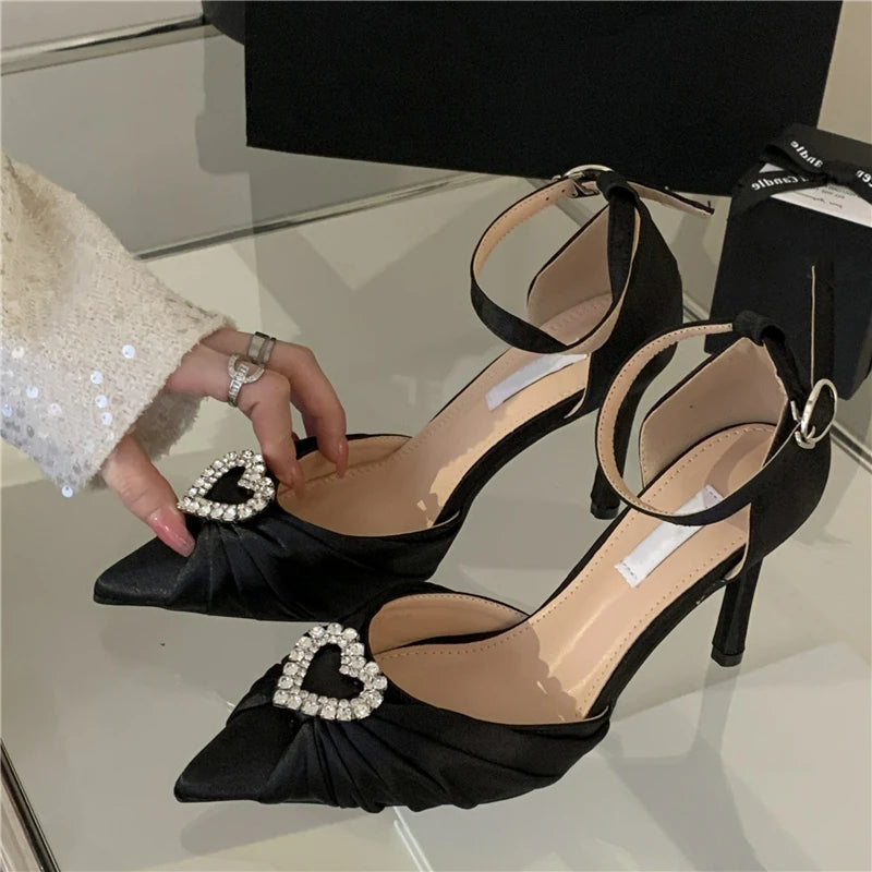 Satin Colorblock/Solid Rhinestone Crystal Heart Detail Stiletto Heel Women's Pointed Toe Buckle Strap Party Pumps
