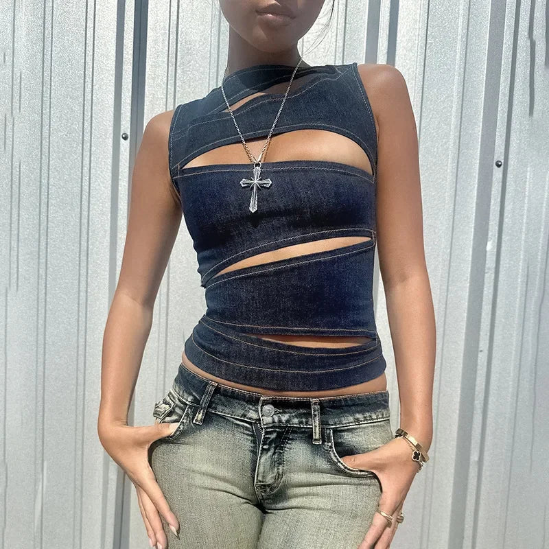 Denim Women's Solid Color Sleeveless O-Neck Hollow-Out Streetwear Zipper Back Jean Vest
