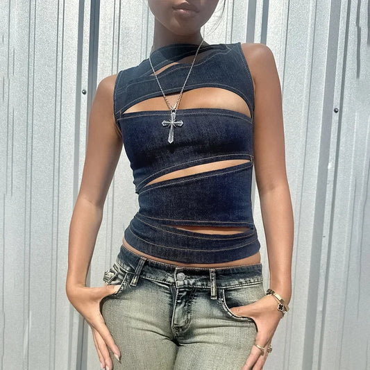 Denim Women's Solid Color Sleeveless O-Neck Hollow-Out Streetwear Zipper Back Jean Vest